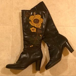 Aerosoles Brown Leather Knee Boots Embroidered